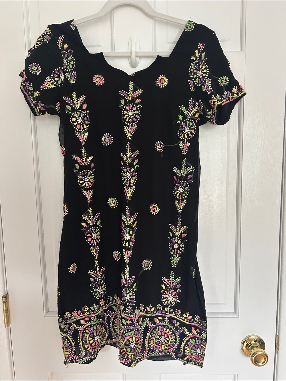 Artisan Hand Embroidered Black Floral Tunic Top Kurti Boho Medium 38